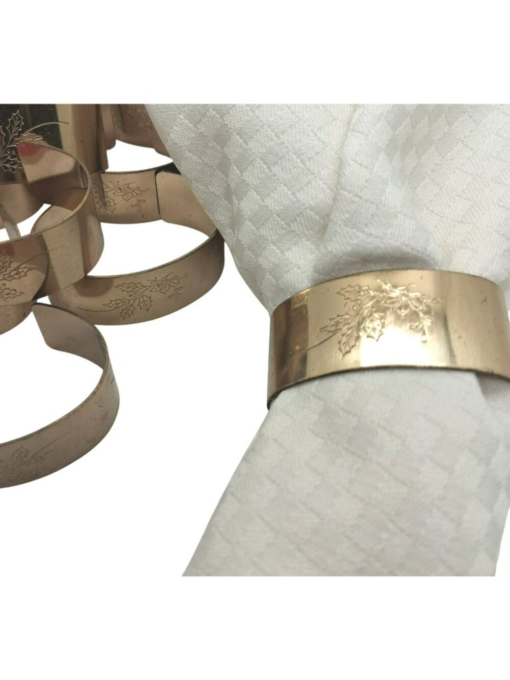 Set Of 11 Vintage Hallmark Gold-Tone Metal Napkin Rings With Holly Engraving